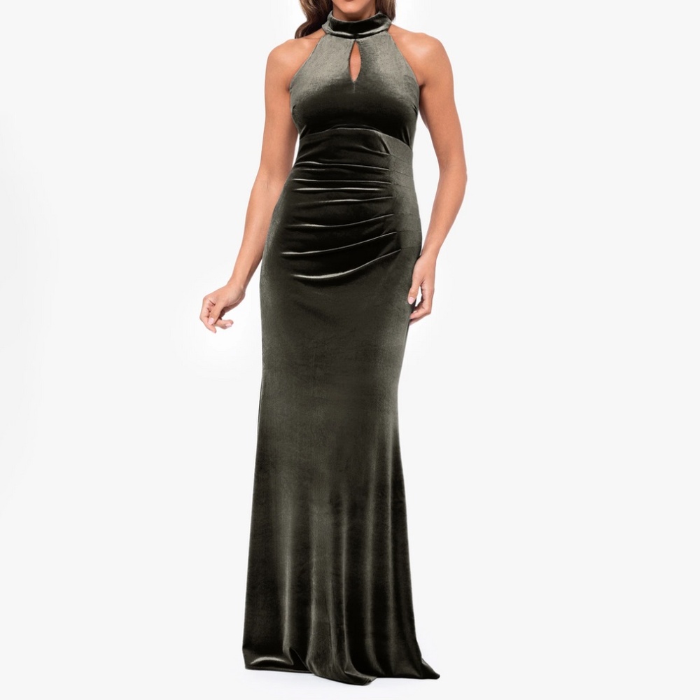 XSCAPE Evenings - “Grace” Velvet Mock Neck‎ Gown